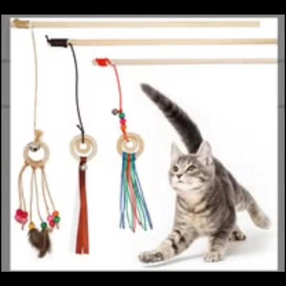 Wooden Cat Wand Teaser Toys, 3 pack
